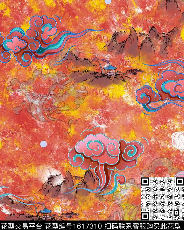 中国风祥云香云纱数码印花华亿平台下载（图片编号: 1617310） - 瓦栏（Walan）