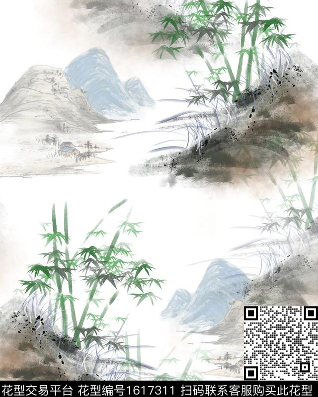 中国风竹子国画数码印花华亿平台下载（图片编号: 1617311） - 瓦栏（Walan）