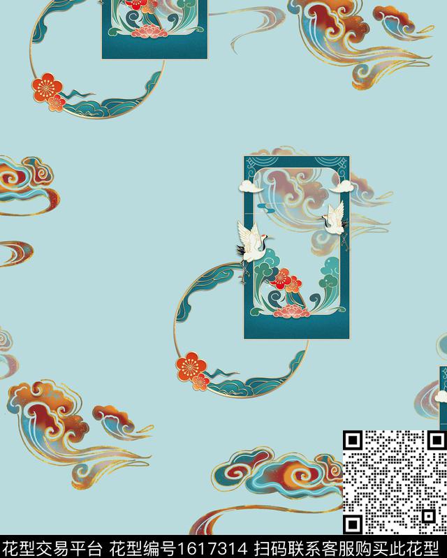 中国风仙鹤祥云数码印花华亿平台下载（图片编号: 1617314） - 瓦栏（Walan）