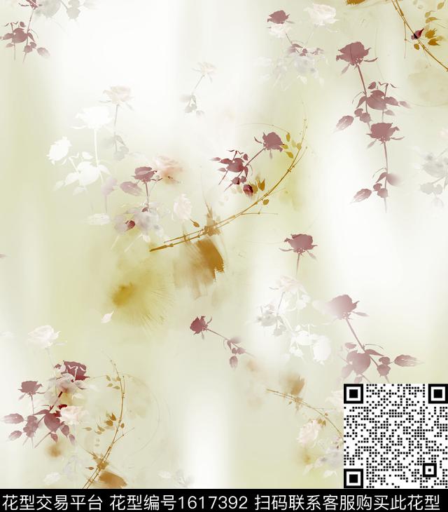 花卉水彩剪影数码印花华亿平台下载（图片编号: 1617392） - 瓦栏（Walan）