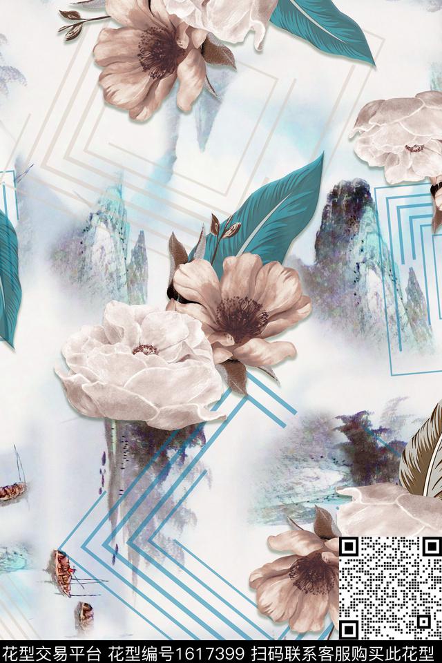 线条花卉水彩花卉数码印花华亿平台下载（图片编号: 1617399） - 瓦栏（Walan）