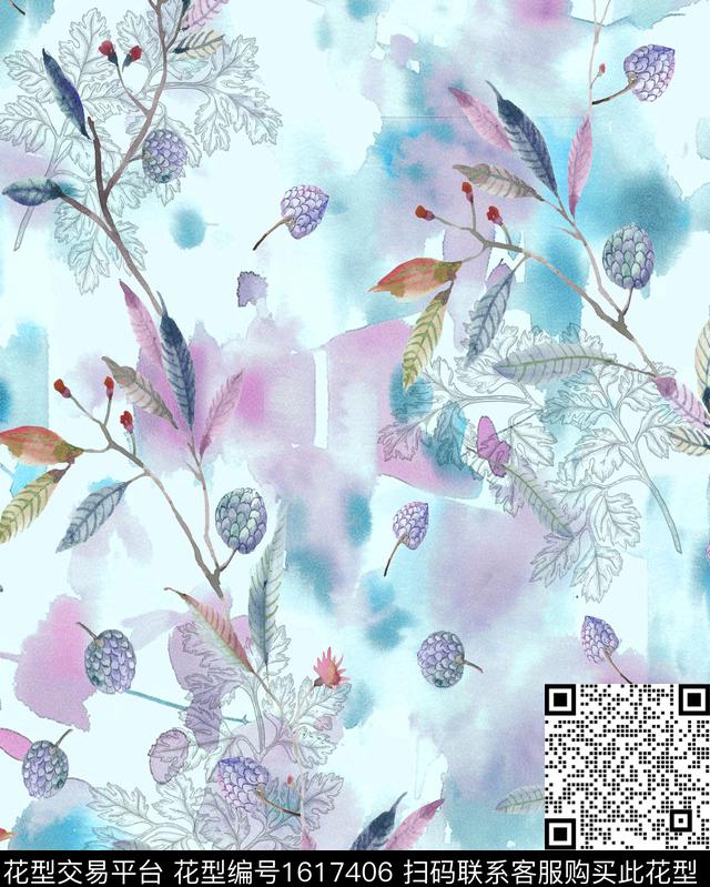 晕染肌理水彩花卉线条花卉数码印花华亿平台下载（图片编号: 1617406） - 瓦栏（Walan）