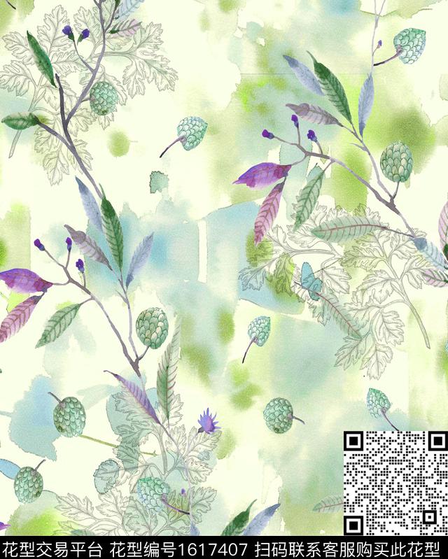 水彩植物松果数码印花华亿平台下载（图片编号: 1617407） - 瓦栏（Walan）