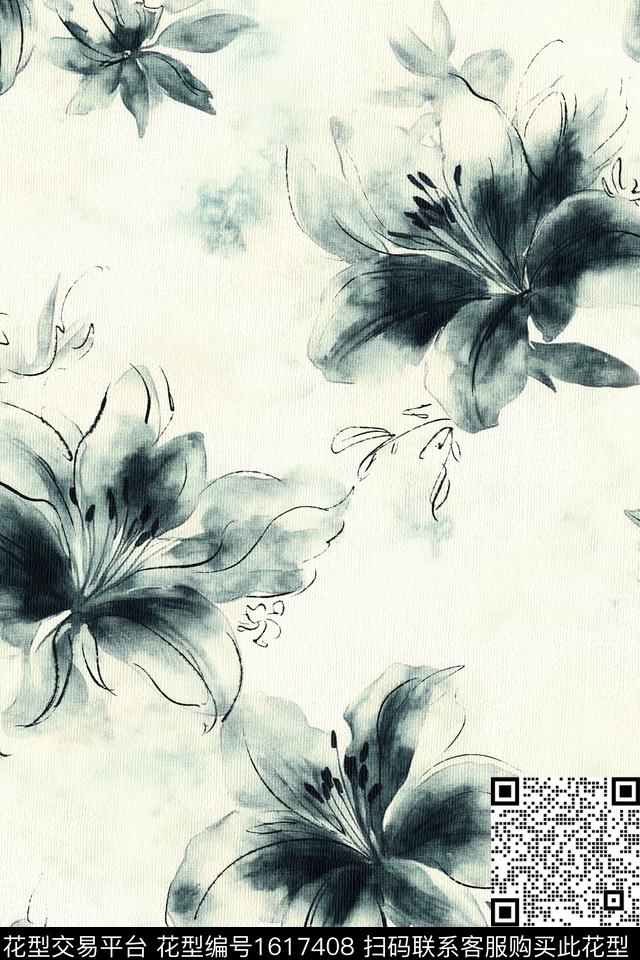 花卉大花渐变数码印花华亿平台下载（图片编号: 1617408） - 瓦栏（Walan）