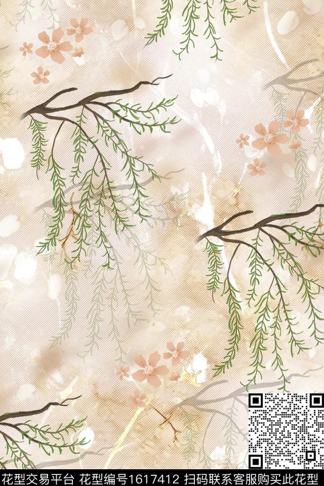 水彩花卉杨柳数码印花华亿平台下载（图片编号: 1617412） - 瓦栏（Walan）