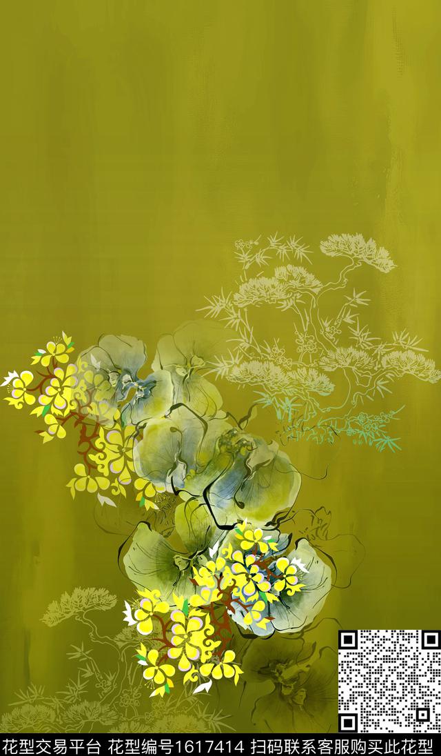 旗袍香云纱中国风定位花数码印花华亿平台下载（图片编号: 1617414） - 瓦栏（Walan）