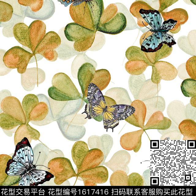 小清新四叶草蝴蝶数码印花华亿平台下载（图片编号: 1617416） - 瓦栏（Walan）