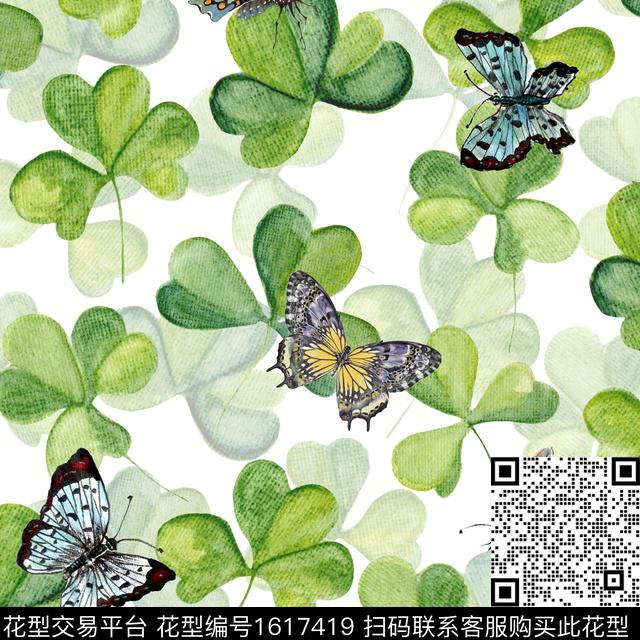 小清新三叶草蝴蝶数码印花华亿平台下载（图片编号: 1617419） - 瓦栏（Walan）