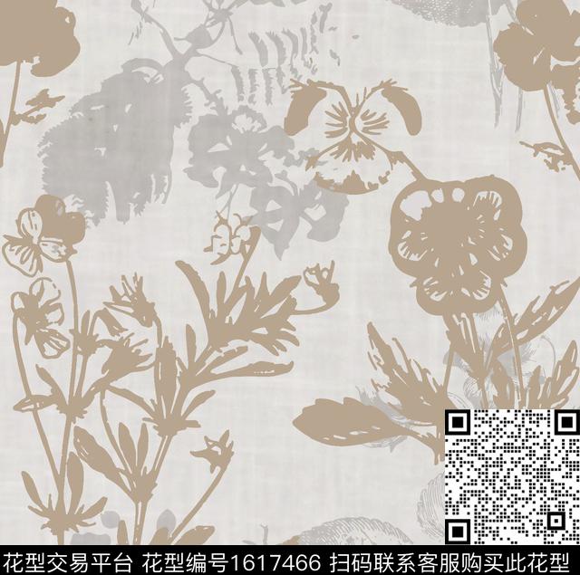 花卉剪影手绘数码印花华亿平台下载（图片编号: 1617466） - 瓦栏（Walan）