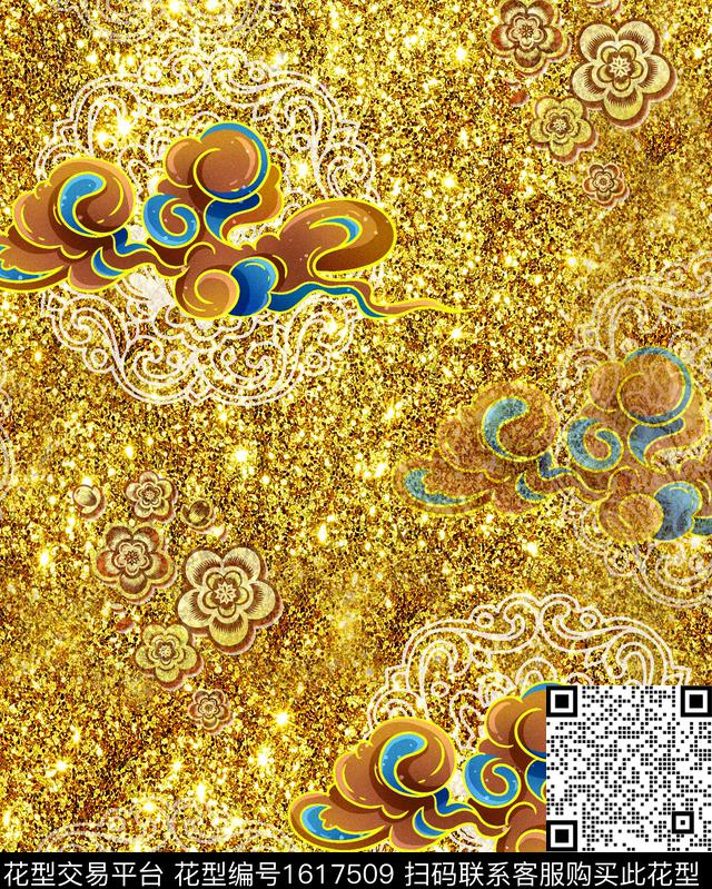 中国风祥云花卉数码印花华亿平台下载（图片编号: 1617509） - 瓦栏（Walan）