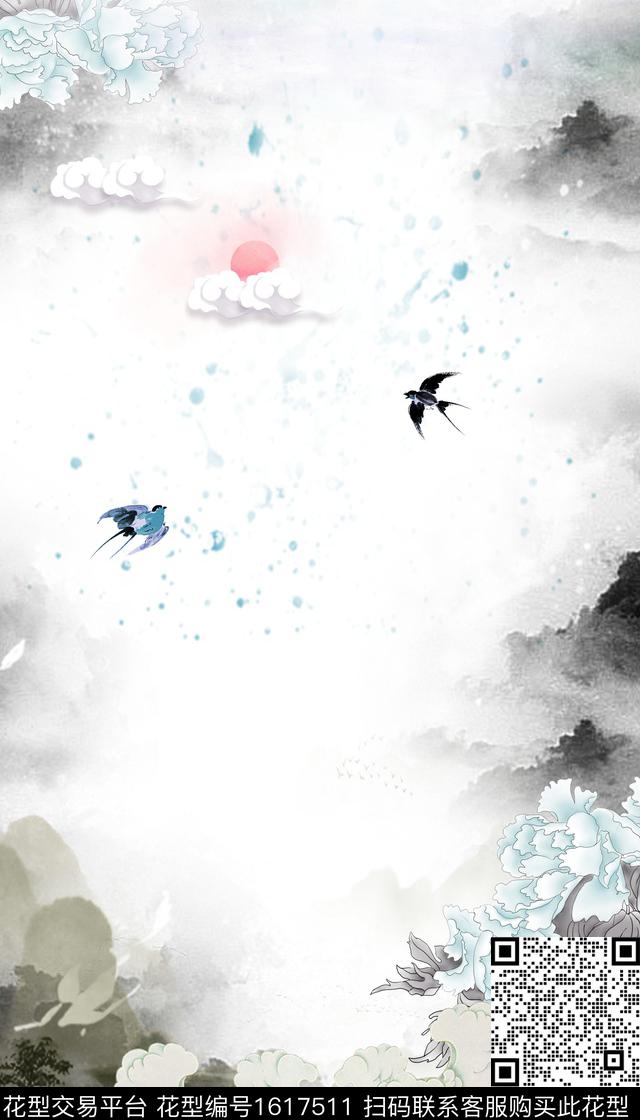 水墨风牡丹祥云数码印花华亿平台下载（图片编号: 1617511） - 瓦栏（Walan）