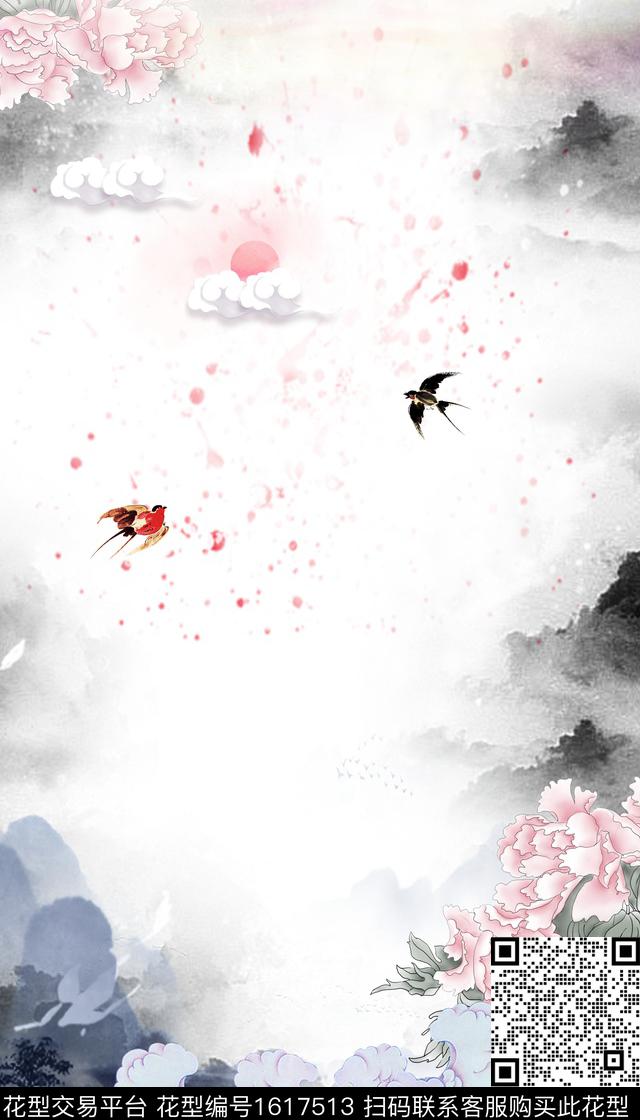 水墨风牡丹祥云数码印花华亿平台下载（图片编号: 1617513） - 瓦栏（Walan）