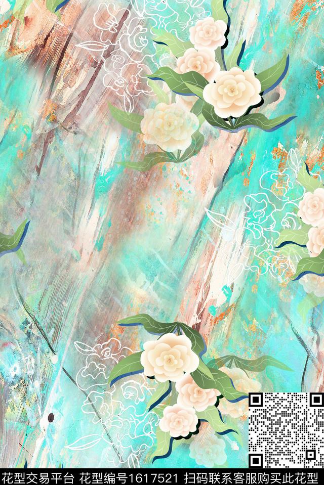 花卉线条花卉渐变数码印花华亿平台下载（图片编号: 1617521） - 瓦栏（Walan）