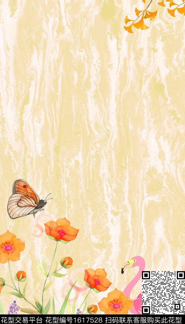 花卉蝴蝶火烈鸟数码印花华亿平台下载（图片编号: 1617528） - 瓦栏（Walan）