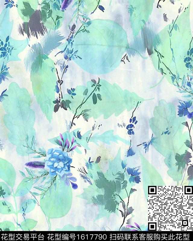 肌理水彩花卉绿植树叶数码印花华亿平台下载（图片编号: 1617790） - 瓦栏（Walan）