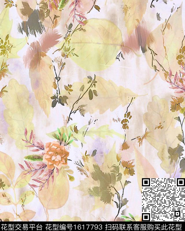 花卉水彩花卉绿植树叶数码印花华亿平台下载（图片编号: 1617793） - 瓦栏（Walan）