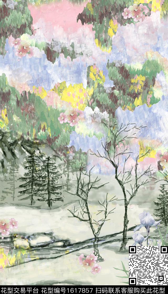 晕染肌理小碎花绿植树叶数码印花华亿平台下载（图片编号: 1617857） - 瓦栏（Walan）