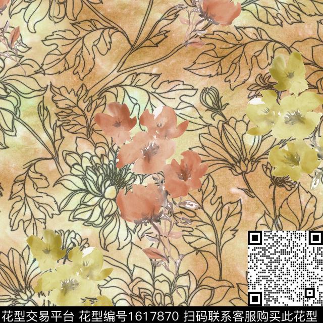花卉水彩花卉线条花卉数码印花华亿平台下载（图片编号: 1617870） - 瓦栏（Walan）