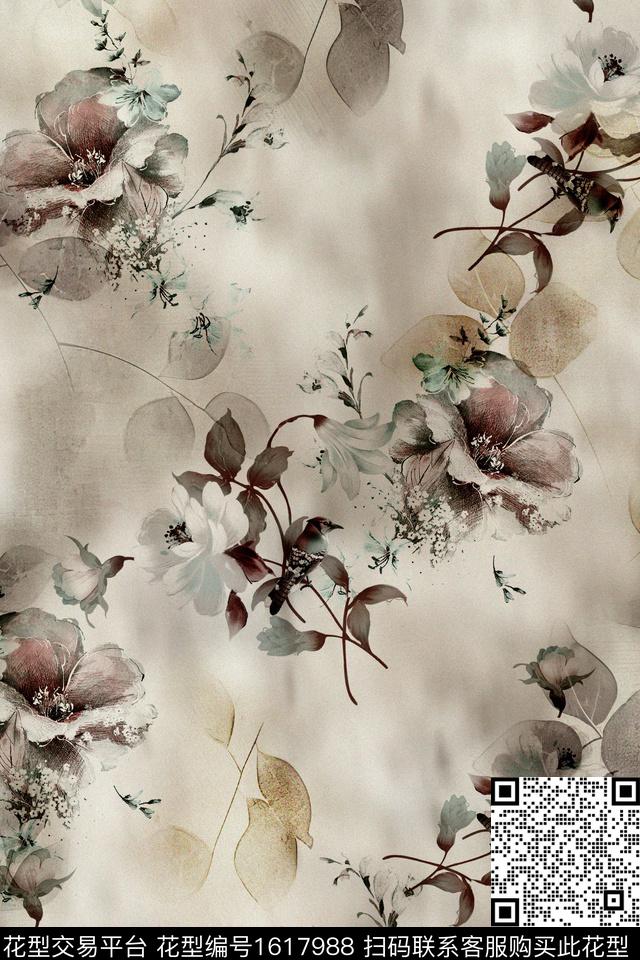 花卉渐变绿植树叶数码印花华亿平台下载（图片编号: 1617988） - 瓦栏（Walan）