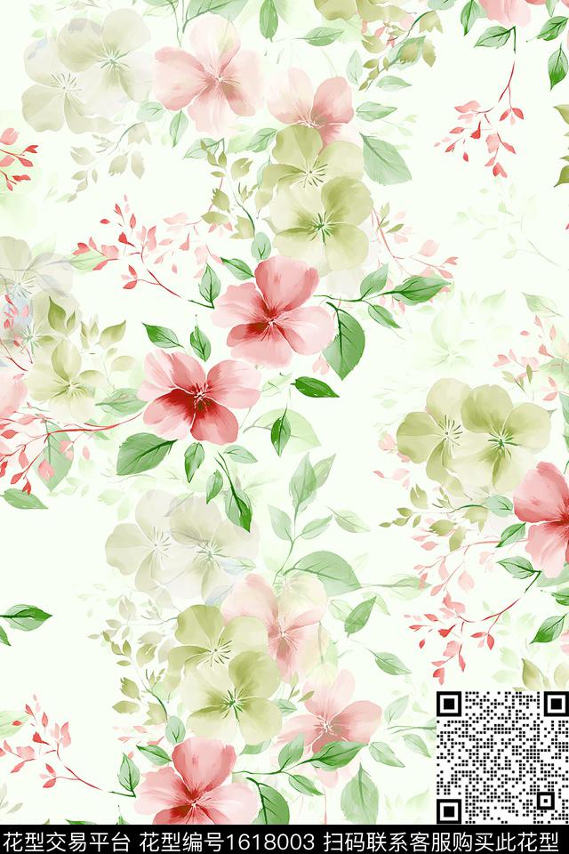 小清新水彩花卉影花数码印花华亿平台下载（图片编号: 1618003） - 瓦栏（Walan）