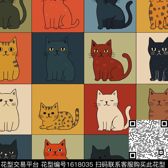 卡通动物格子猫传统印花华亿平台下载（图片编号: 1618035） - 瓦栏（Walan）