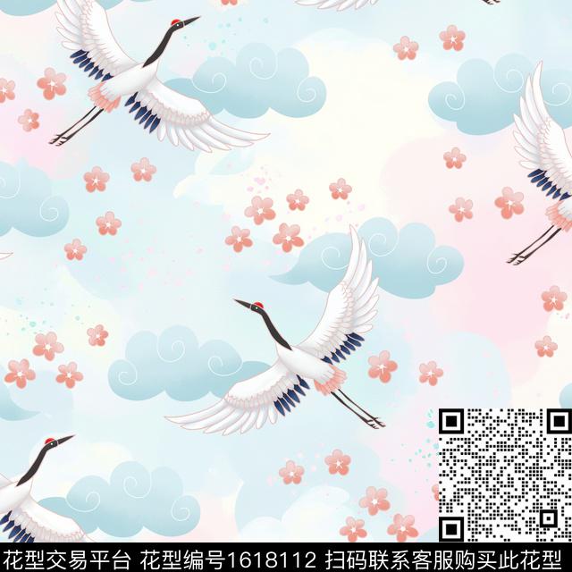 中国风仙鹤小碎花数码印花华亿平台下载（图片编号: 1618112） - 瓦栏（Walan）