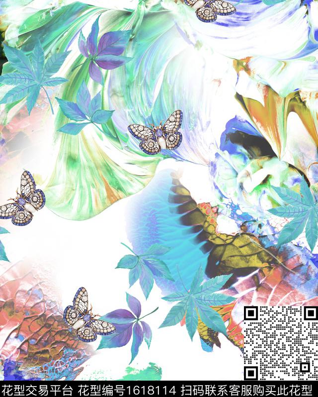晕染肌理枫叶蝴蝶数码印花华亿平台下载（图片编号: 1618114） - 瓦栏（Walan）