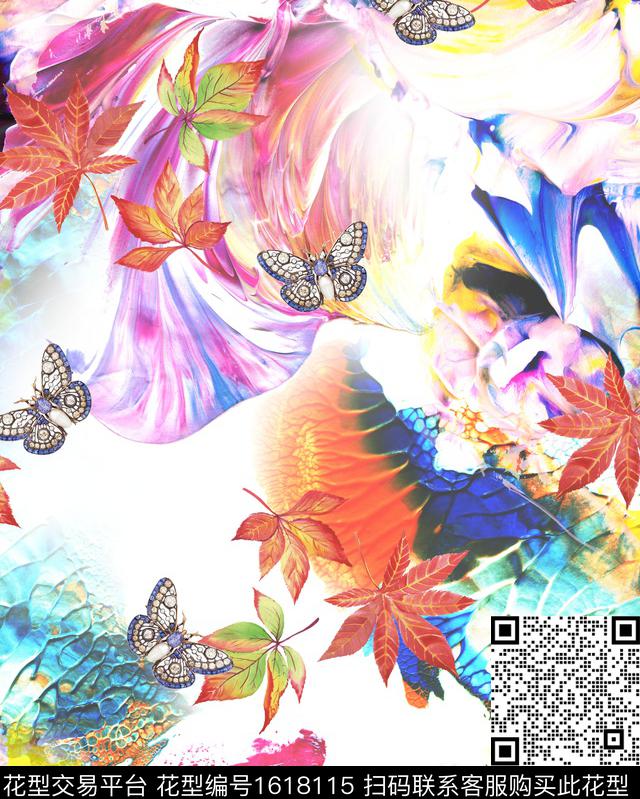 蝴蝶枫叶渐变数码印花华亿平台下载（图片编号: 1618115） - 瓦栏（Walan）