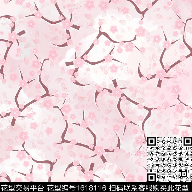 花卉桃花树枝数码印花华亿平台下载（图片编号: 1618116） - 瓦栏（Walan）