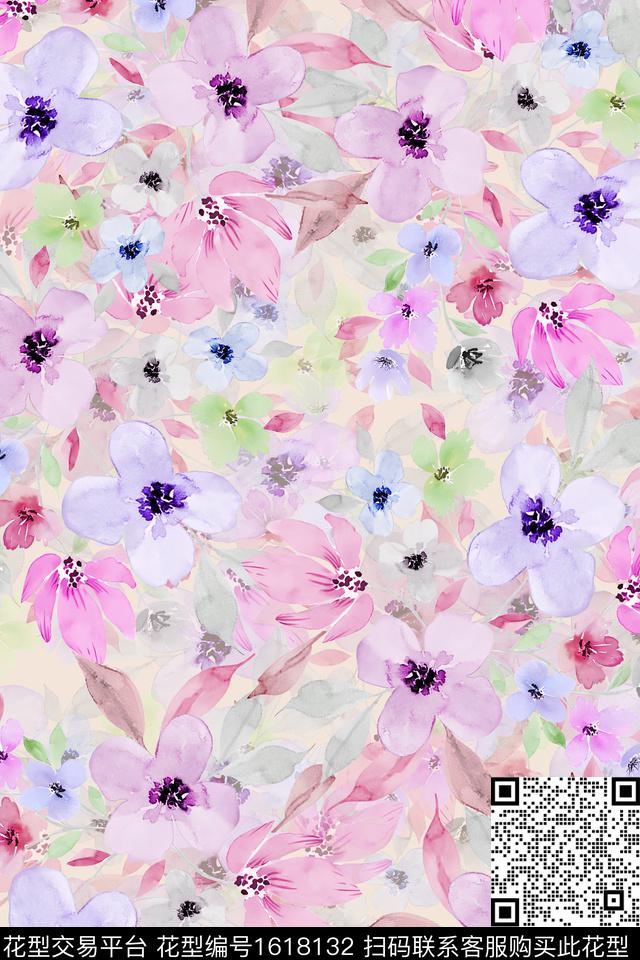 花卉水彩花卉满版散花数码印花华亿平台下载（图片编号: 1618132） - 瓦栏（Walan）