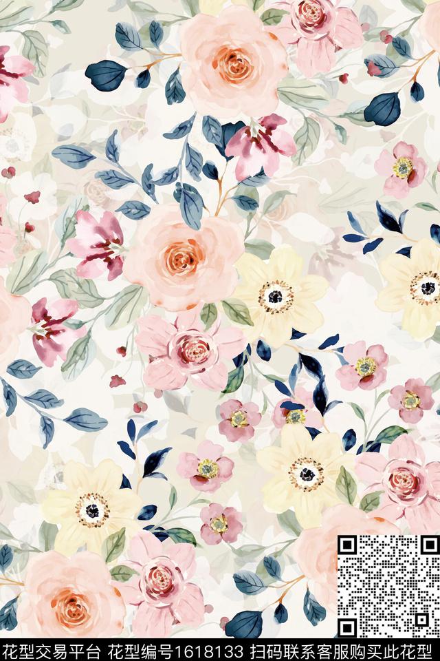 花卉水彩花卉影花数码印花华亿平台下载（图片编号: 1618133） - 瓦栏（Walan）