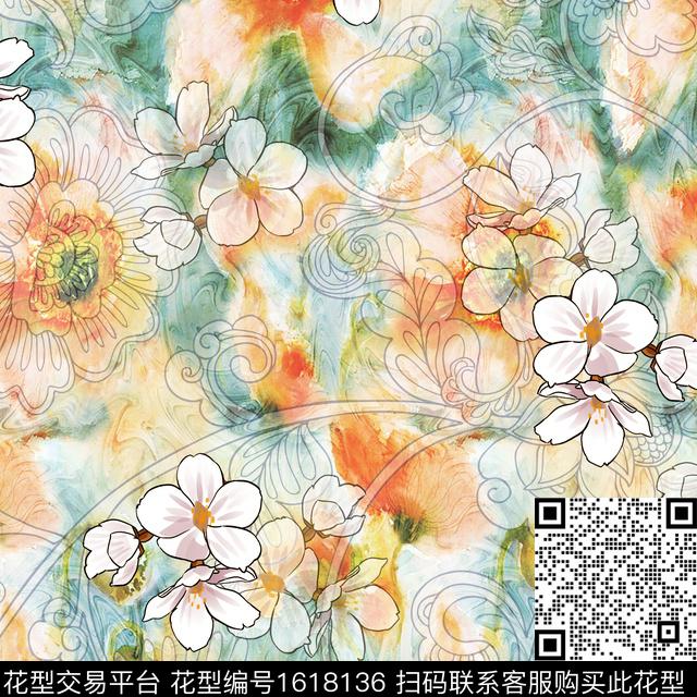 花卉线条花卉影花数码印花华亿平台下载（图片编号: 1618136） - 瓦栏（Walan）