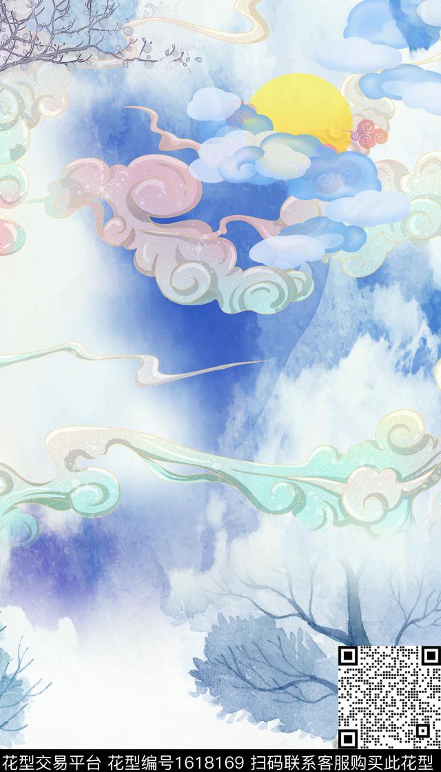 晕染肌理水彩花卉祥云数码印花华亿平台下载（图片编号: 1618169） - 瓦栏（Walan）