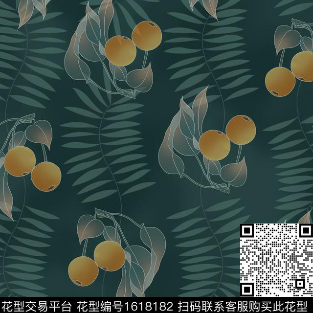 水果线条画绿植树叶数码印花华亿平台下载（图片编号: 1618182） - 瓦栏（Walan）