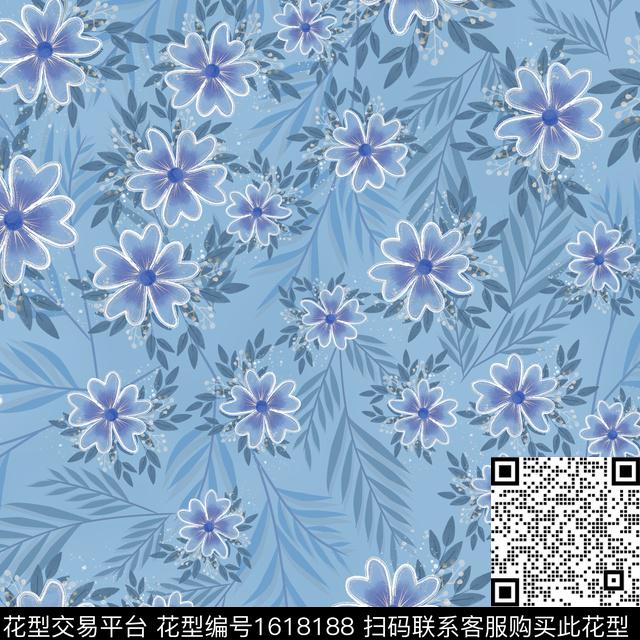 花卉满版散花绿植树叶数码印花华亿平台下载（图片编号: 1618188） - 瓦栏（Walan）