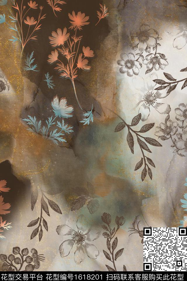简影植物渐变花卉数码印花华亿平台下载（图片编号: 1618201） - 瓦栏（Walan）
