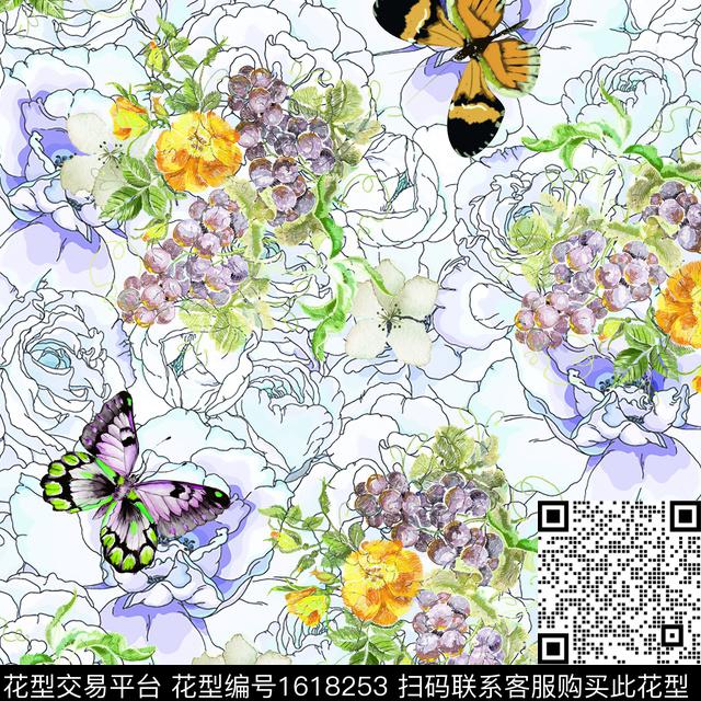 绣花华亿平台葡萄水彩花卉数码印花华亿平台下载（图片编号: 1618253） - 瓦栏（Walan）