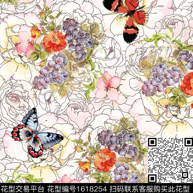 花卉线条花卉蝴蝶数码印花华亿平台下载（图片编号: 1618254） - 瓦栏（Walan）