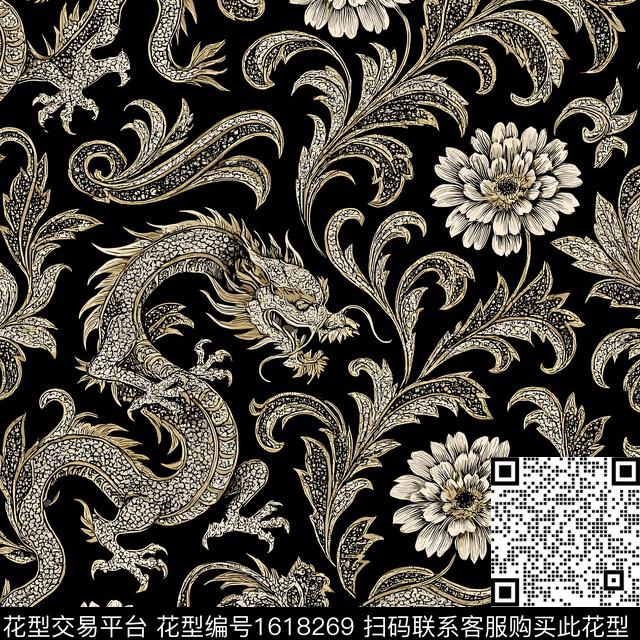 龙花卉中国风数码印花华亿平台下载（图片编号: 1618269） - 瓦栏（Walan）
