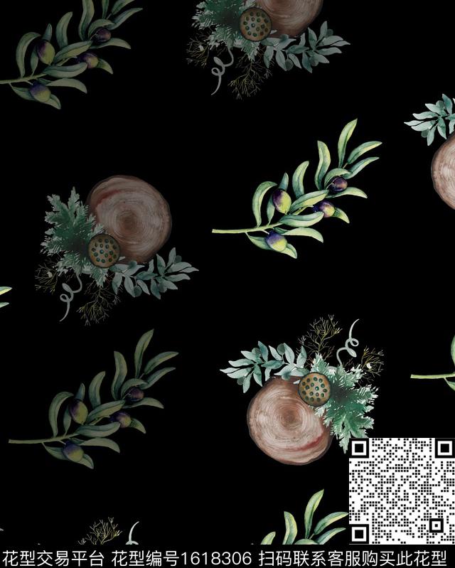 木桩黑底花卉绿植树叶数码印花华亿平台下载（图片编号: 1618306） - 瓦栏（Walan）