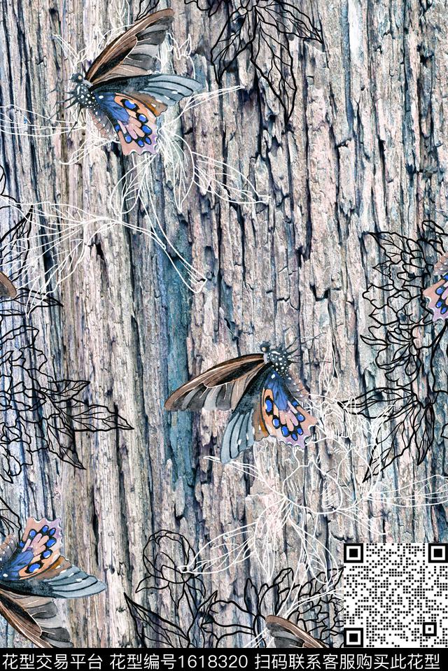 肌理蝴蝶线条花卉数码印花华亿平台下载（图片编号: 1618320） - 瓦栏（Walan）