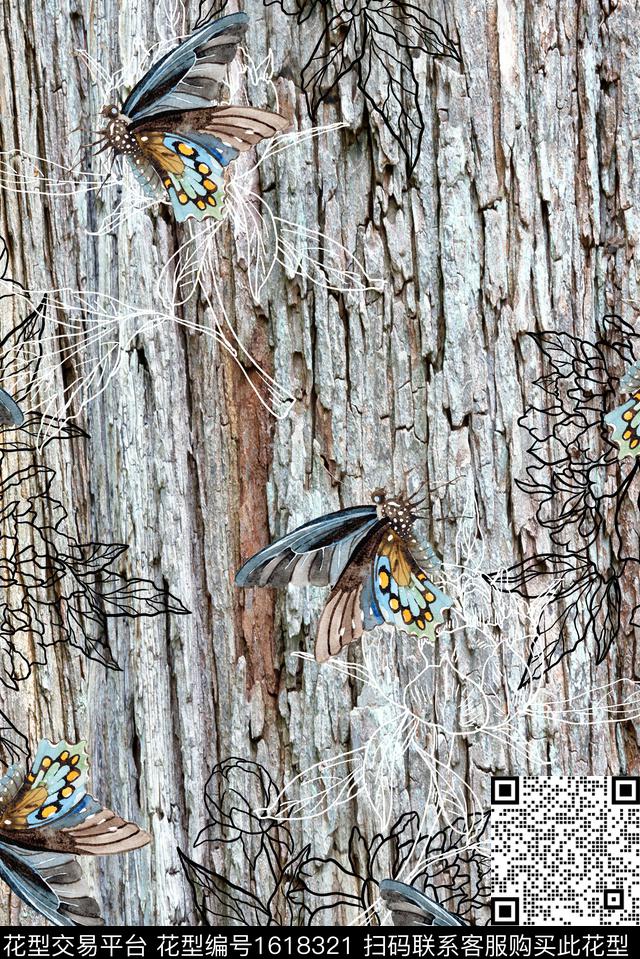 肌理蝴蝶线条花卉数码印花华亿平台下载（图片编号: 1618321） - 瓦栏（Walan）