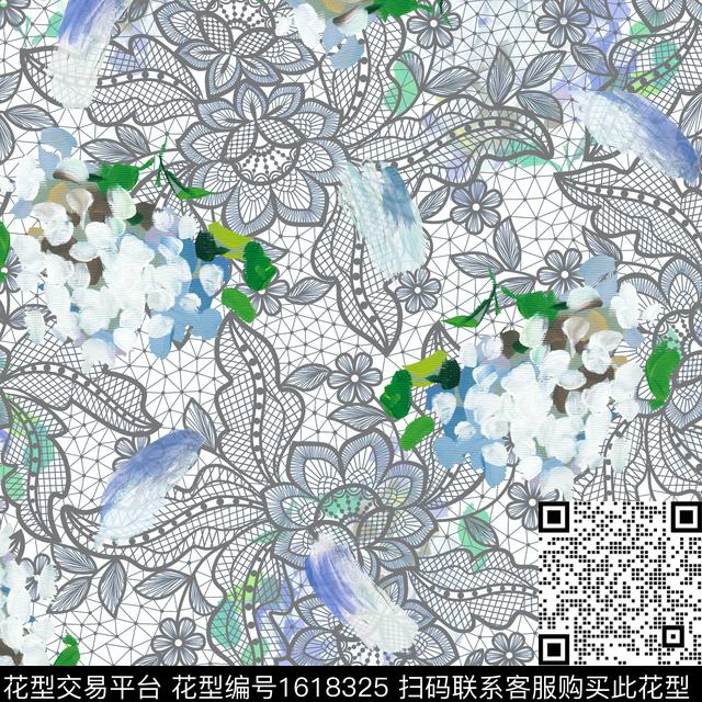 花卉笔触蕾丝花卉数码印花华亿平台下载（图片编号: 1618325） - 瓦栏（Walan）