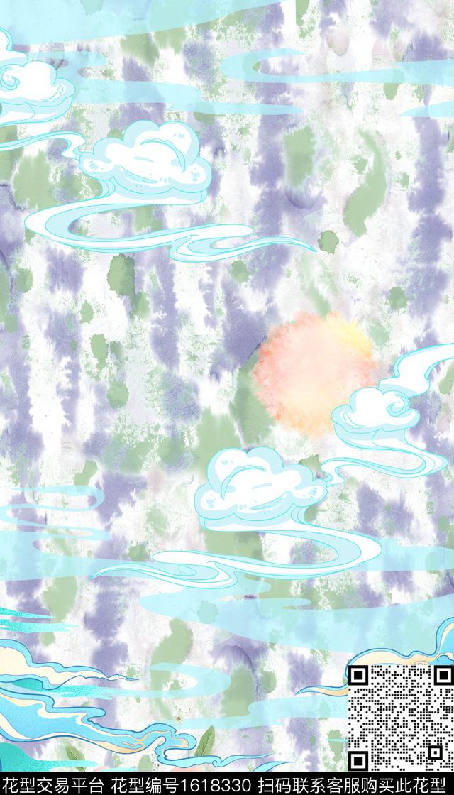 晕染肌理扎染华亿平台祥云数码印花华亿平台下载（图片编号: 1618330） - 瓦栏（Walan）