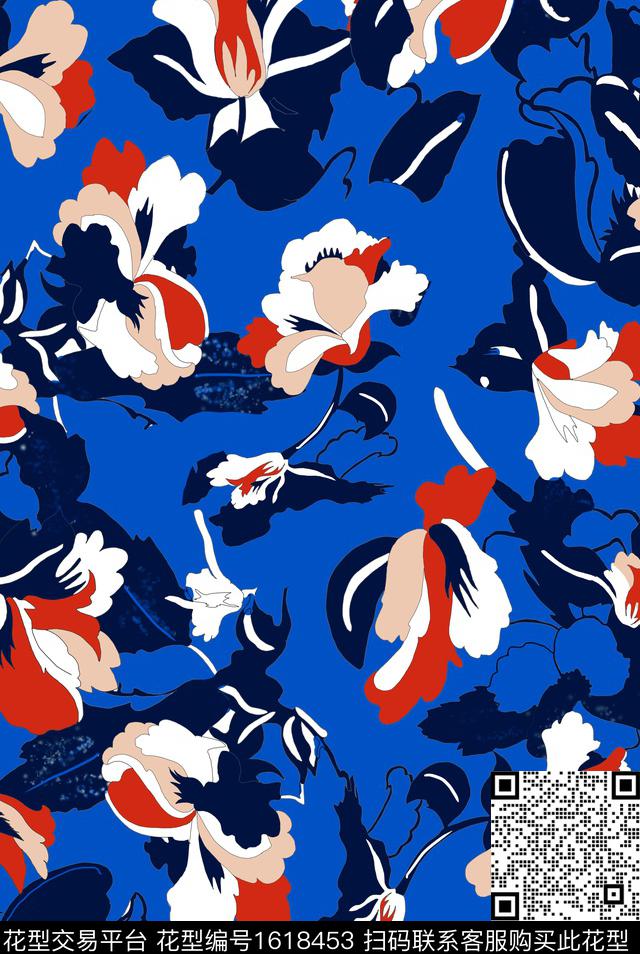 花卉清爽底花卉手绘数码印花华亿平台下载（图片编号: 1618453） - 瓦栏（Walan）