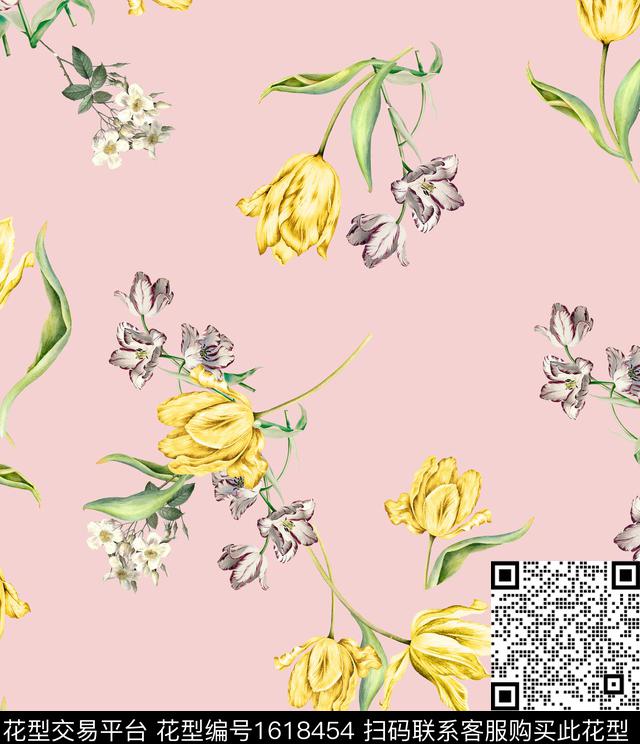 水彩郁金香清爽底花卉数码印花华亿平台下载（图片编号: 1618454） - 瓦栏（Walan）