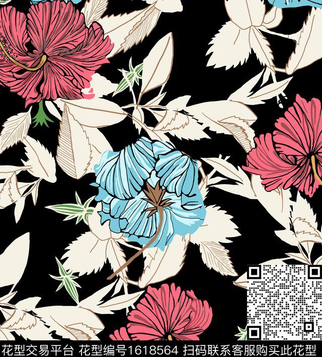 花卉黑底花卉线条花卉传统印花华亿平台下载（图片编号: 1618564） - 瓦栏（Walan）