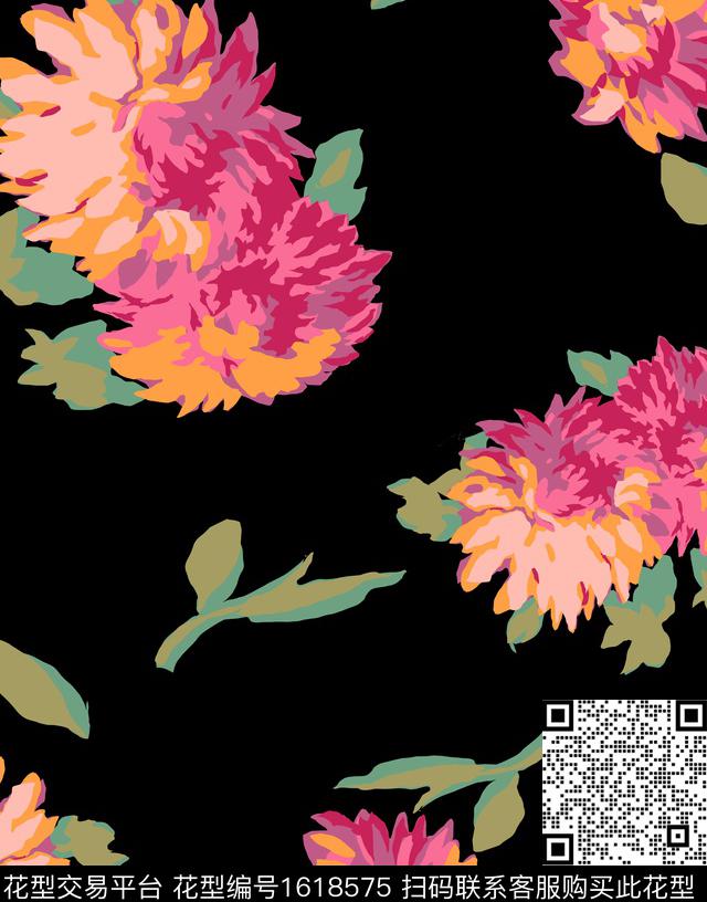 花卉黑底花卉大花传统印花华亿平台下载（图片编号: 1618575） - 瓦栏（Walan）