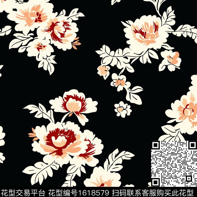 花卉黑底花卉传统印花华亿平台下载（图片编号: 1618579） - 瓦栏（Walan）