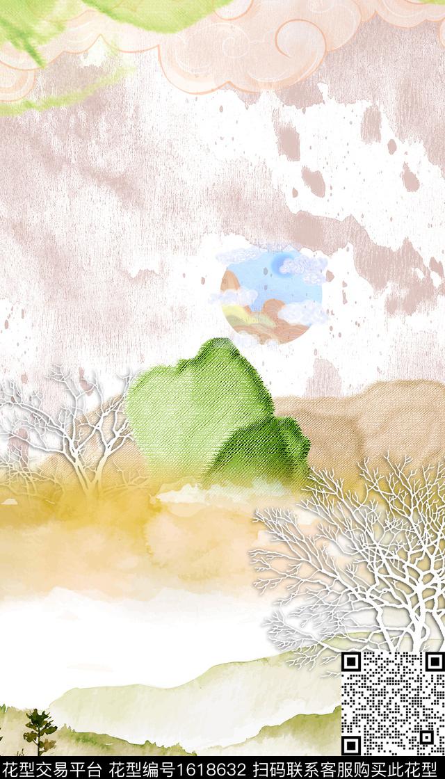 水彩山峰树林数码印花华亿平台下载（图片编号: 1618632） - 瓦栏（Walan）
